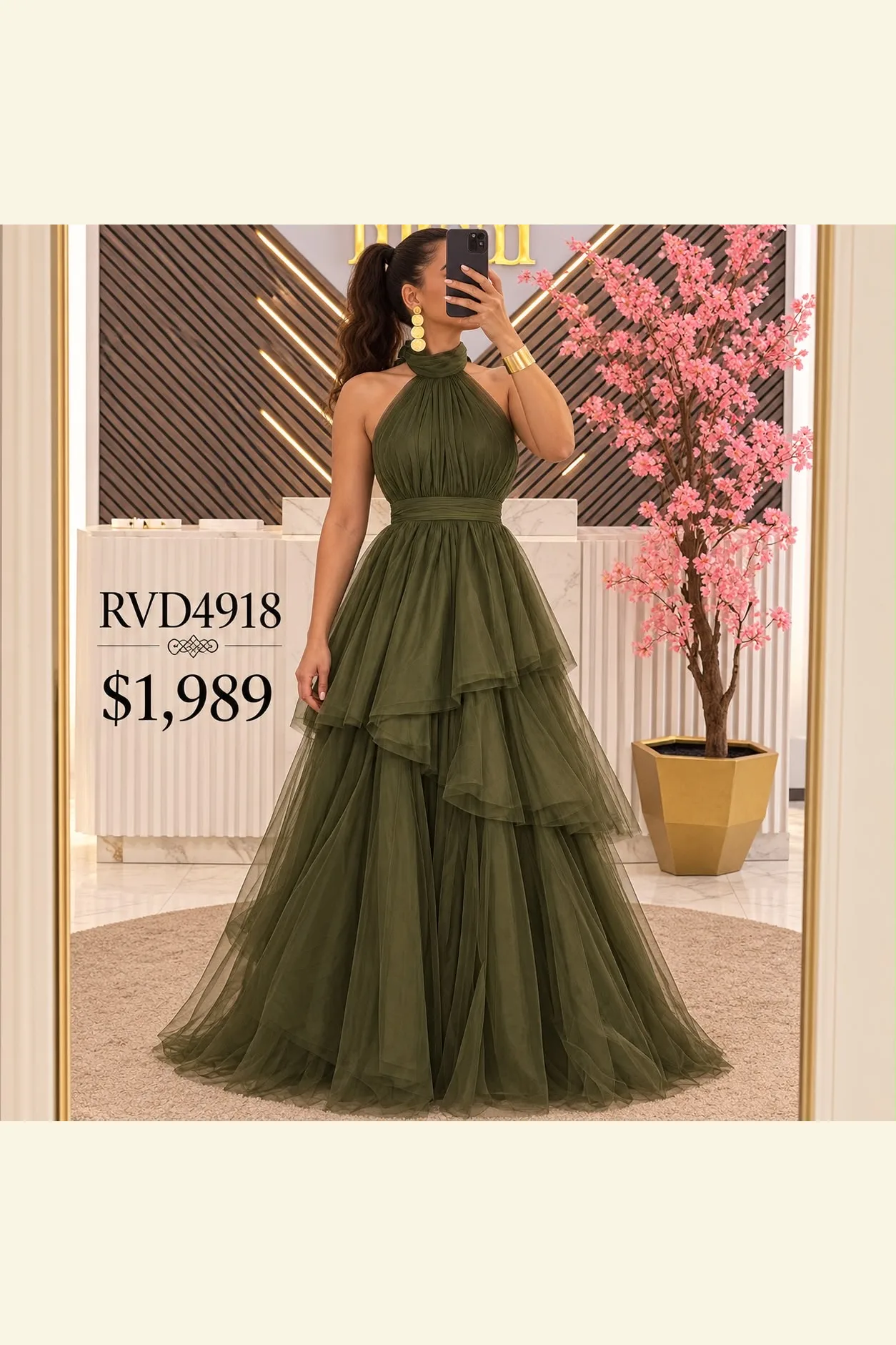 VESTIDO DRAPEADO HOLANES DE TUL VERDE OLIVO