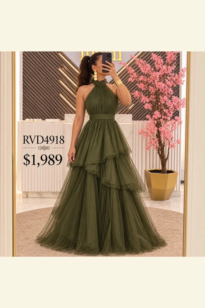 VESTIDO DRAPEADO HOLANES DE TUL VERDE OLIVO