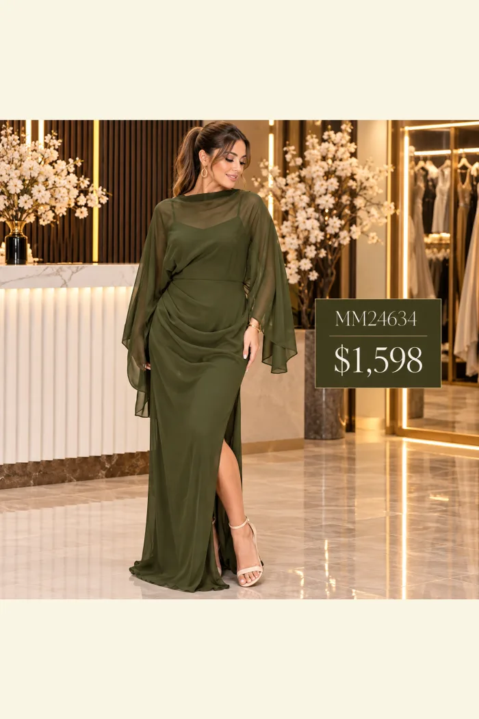 Vestido verde olivo , con capita simétrica