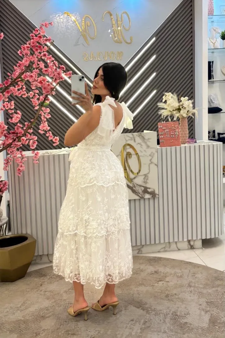 VESTIDO MIDI BLANCO PASTELONES ESCOTE EN V BORDADO, vista 2