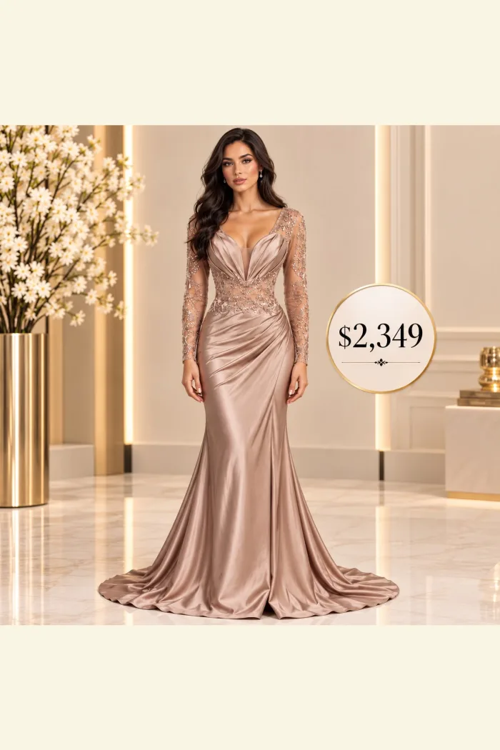 Vestido con mangas en color champán, tipo sirena, con aplicaciones en la parte alta