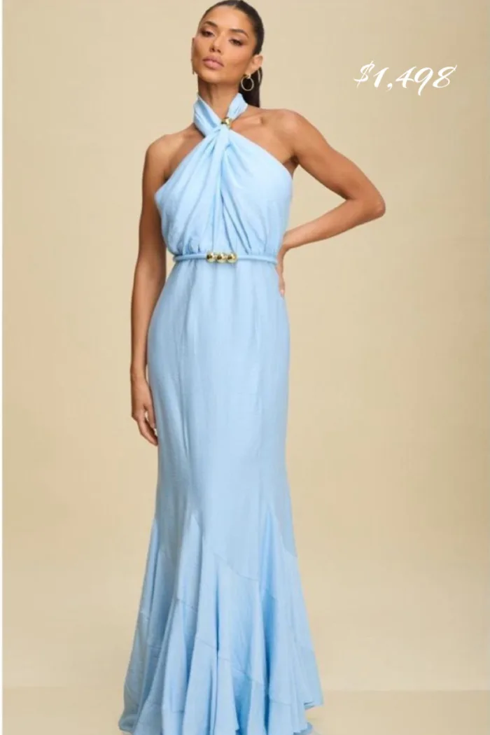 Vestido Baby Blue Halter con Adorno en la cintura