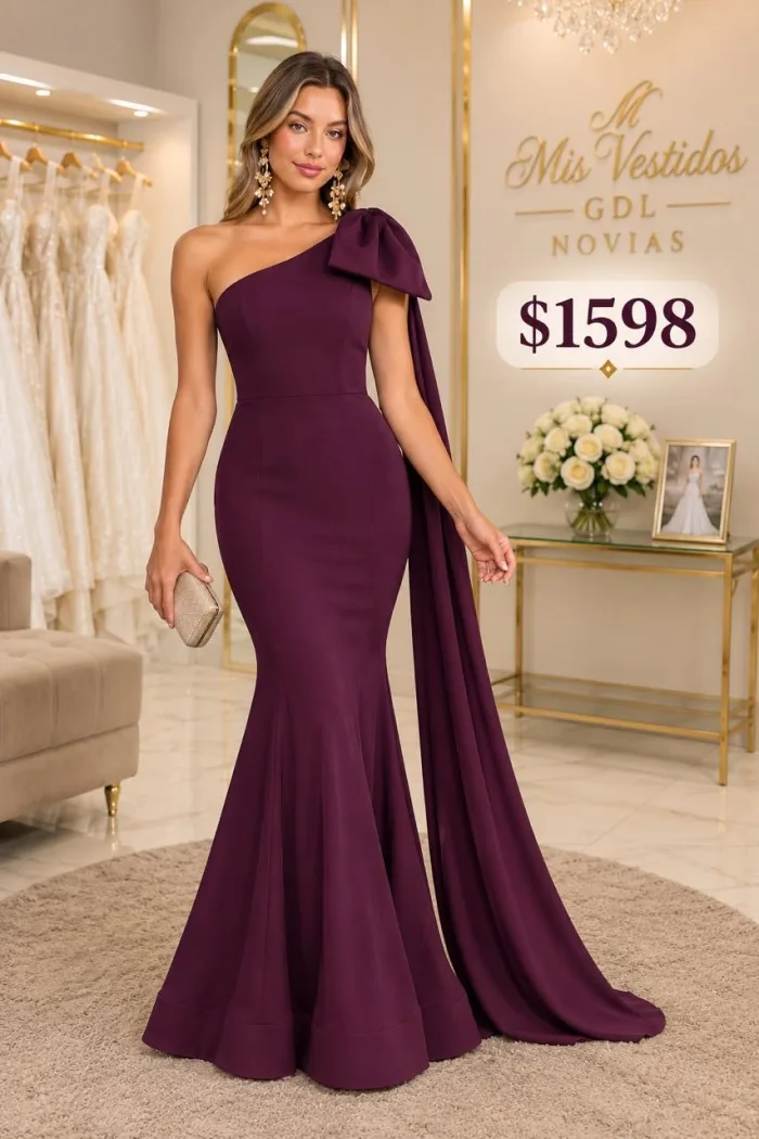 VESTIDO CORTE SIRENA ASIMÉTRICO CON MOÑO