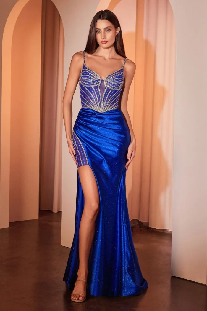 VESTIDO FIESTA SIRENA PIERNA ABIERTA AZUL REY CORSET PEDRERÍA