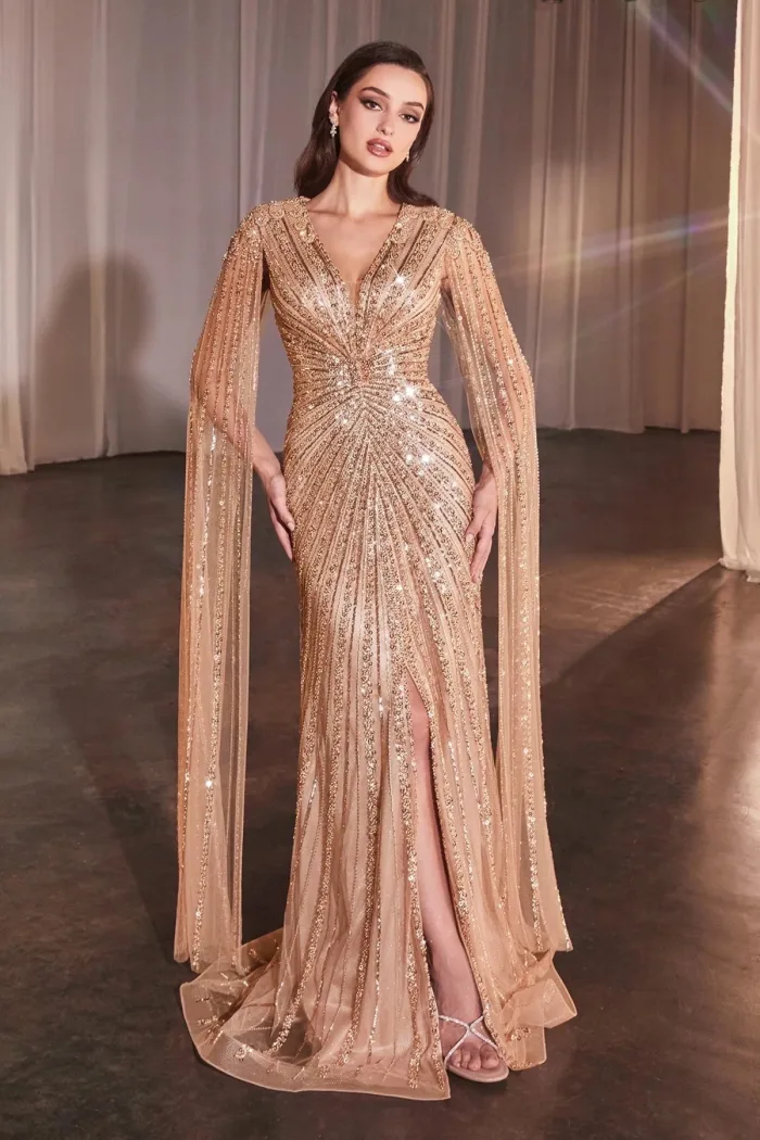 Vestido de fiesta y canutillo largo dorado con lentejuelas