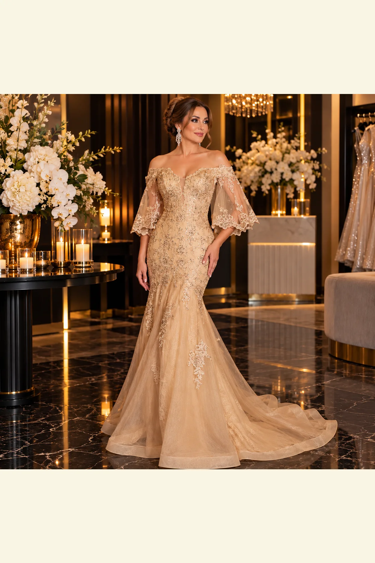 CD658 vestido Dorado, corte, sirena con Mangas acampanadas