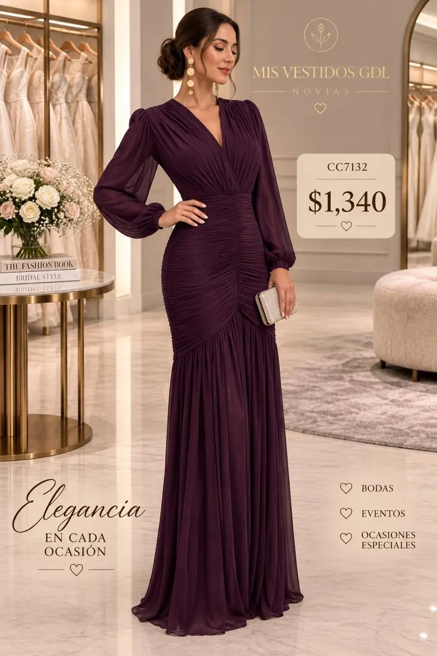 VESTIDO DRAPEADO CON MAGA LARGA CC7132