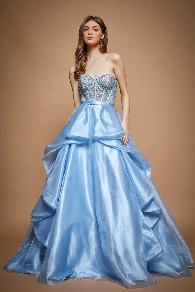 VESTIDO COLOR AZUL, STRAPLE CON PEDRERÍA