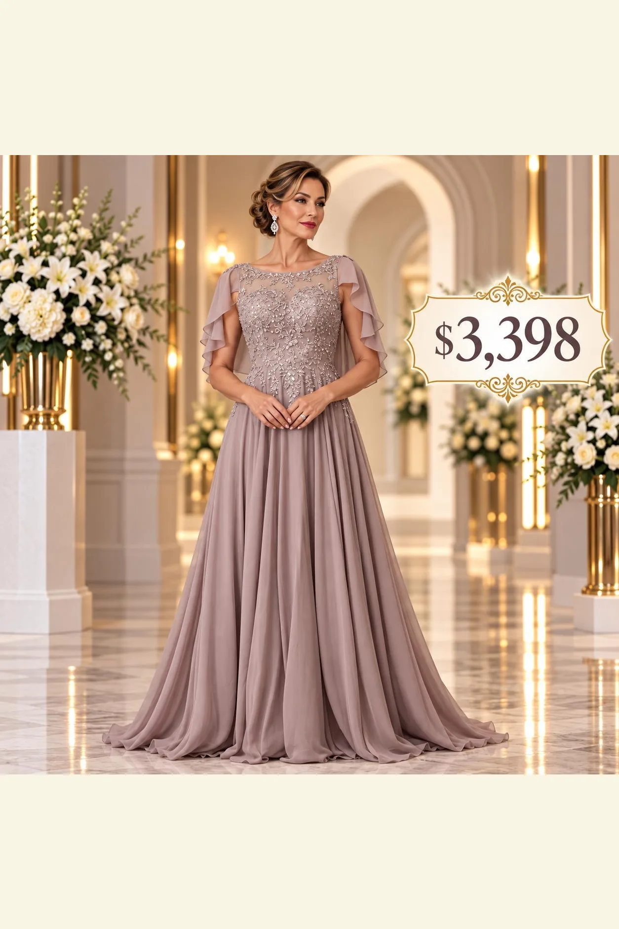VESTIDO CHAMPAGNE CON ENCAJE BORDADO Y MAGAS VOLANTES