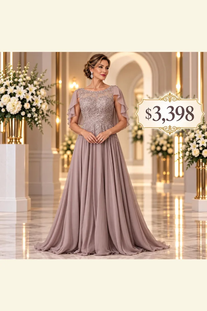 VESTIDO CHAMPAGNE CON ENCAJE BORDADO Y MAGAS VOLANTES
