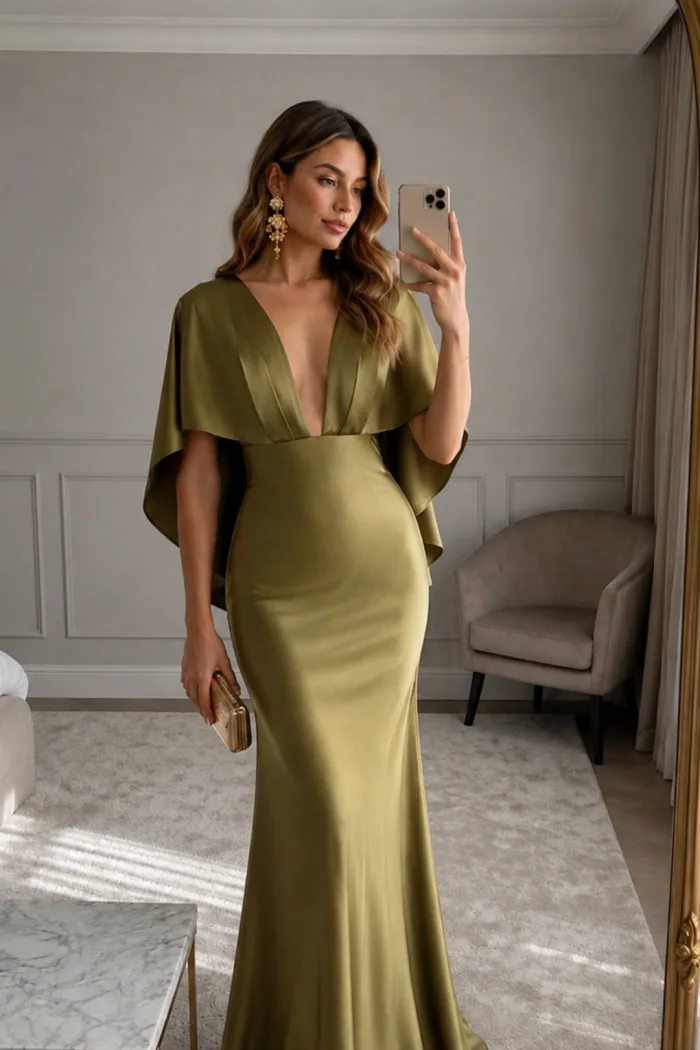 Vestido largo verde oliva manga al codo
