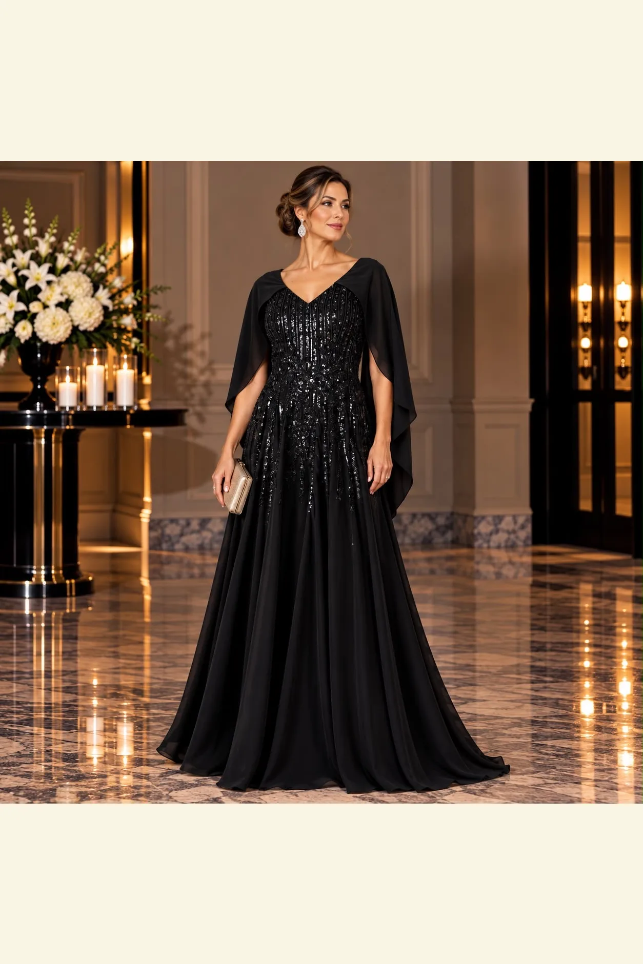 VESTIDO CORTE A CON PEDRERÍA Y MANGAS EN TUL