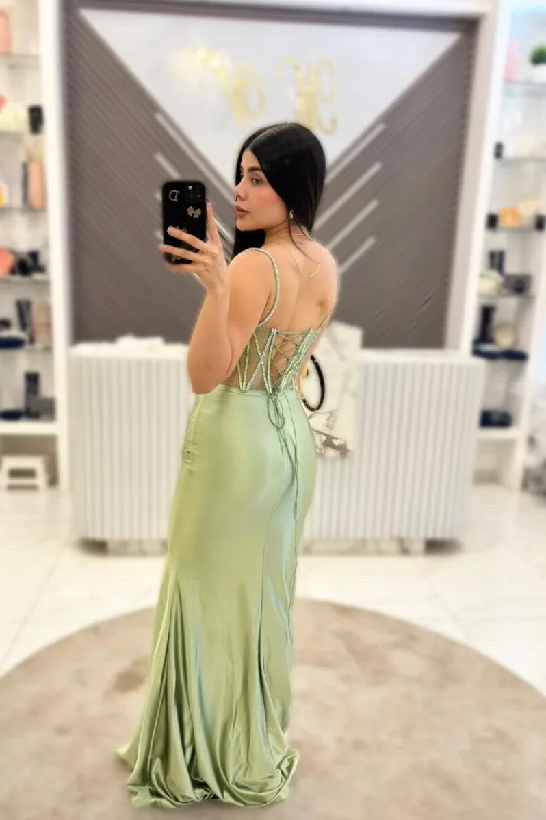 VESTIDO VERDE SAGE, CON TRANSPARENCIA Y CORSET, vista 2