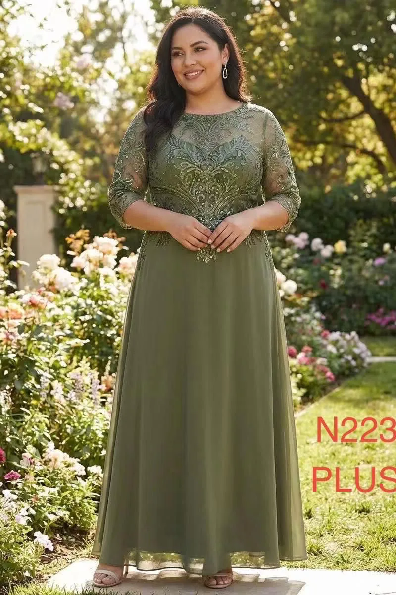 VESTIDO VERDE OLIVO CON MANGAS TALLA EXTRA
