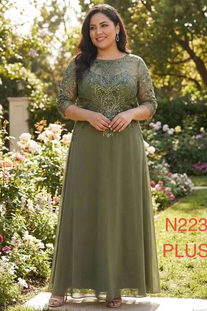 VESTIDO VERDE OLIVO CON MANGAS TALLA EXTRA
