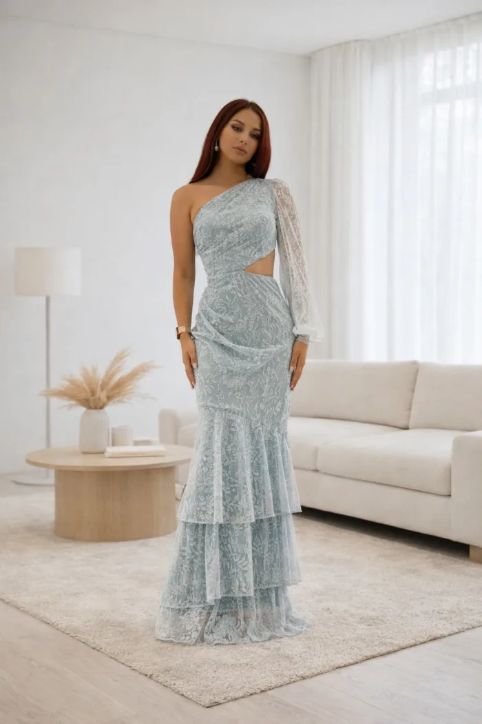 VESTIDO FIESTA SIRENA AÚNA MANGA TELA BRILLOSA OLANES RUMBERO AZUL