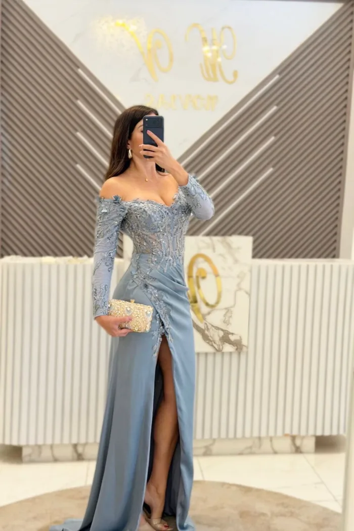 VESTIDO DUSTY BLUE CON MANGAS