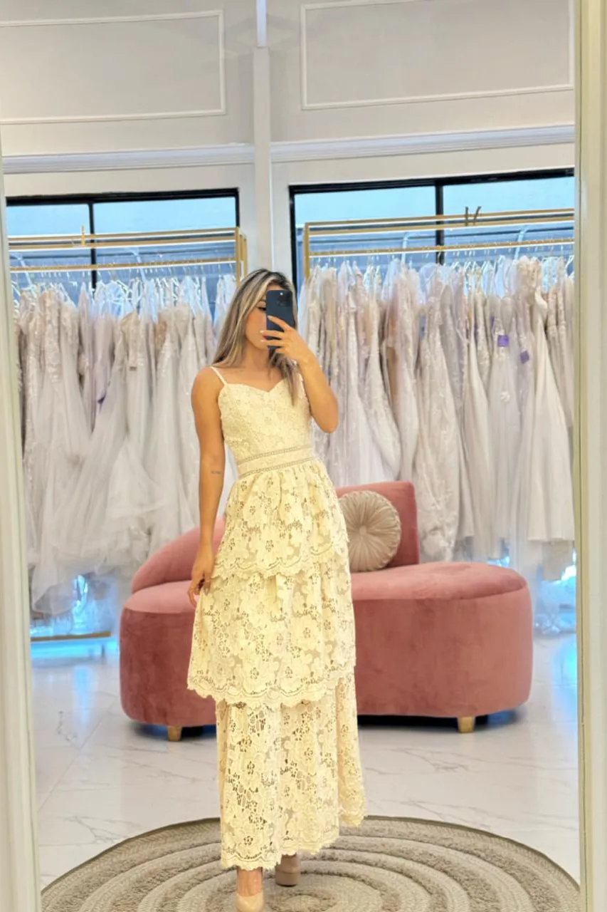 VESTIDO MIDI BEIG ENCAJE ESTAMPADO FLORES
