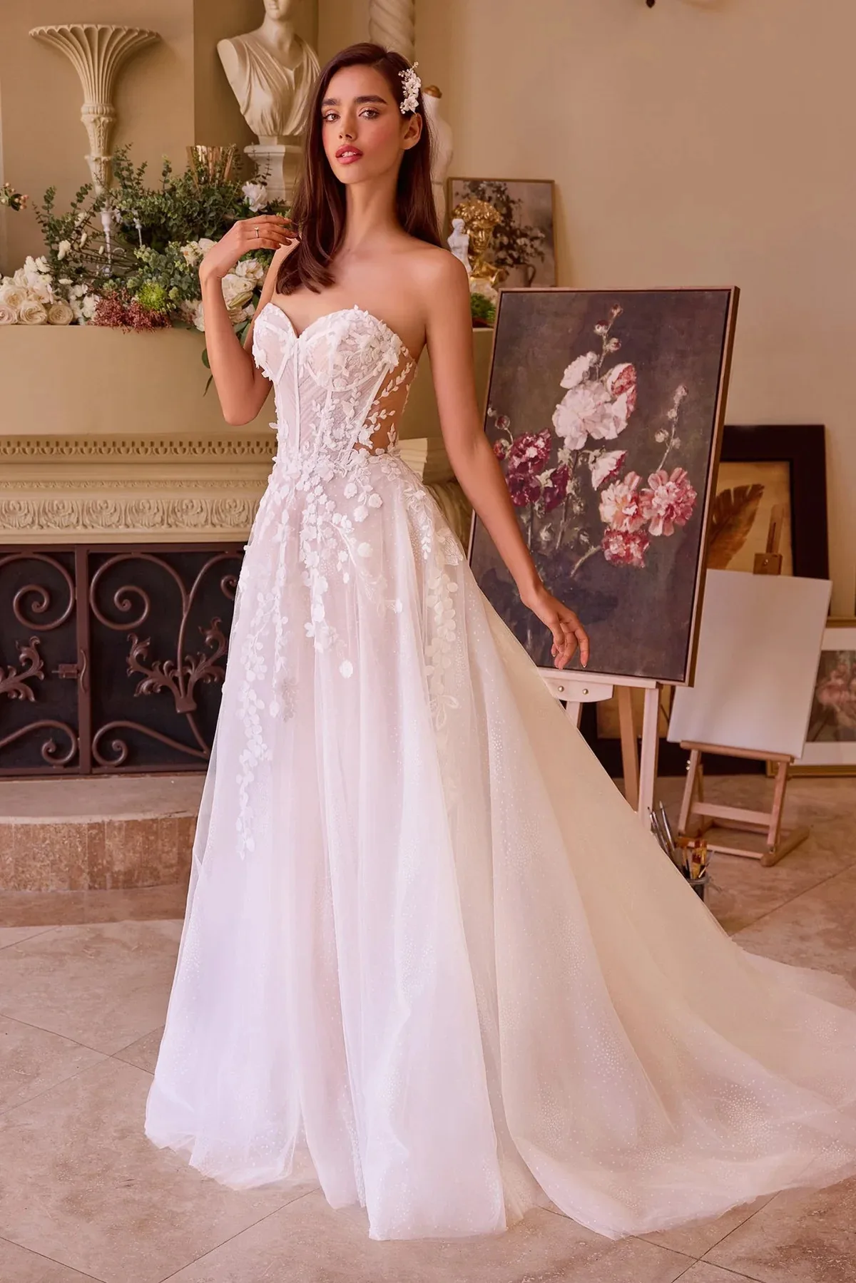 Vestido sin tirantes presenta un escote corazón y un corpiño transparente WL032, vista 3