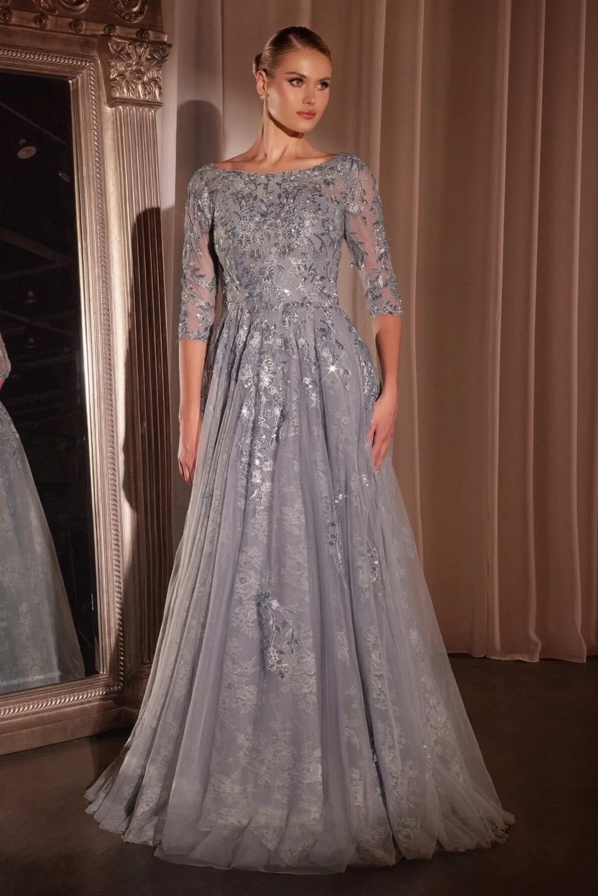 VESTIDO FIESTA SMOKY BLUE MANGA TRES CUARTOS CORTE EN A CK2401
