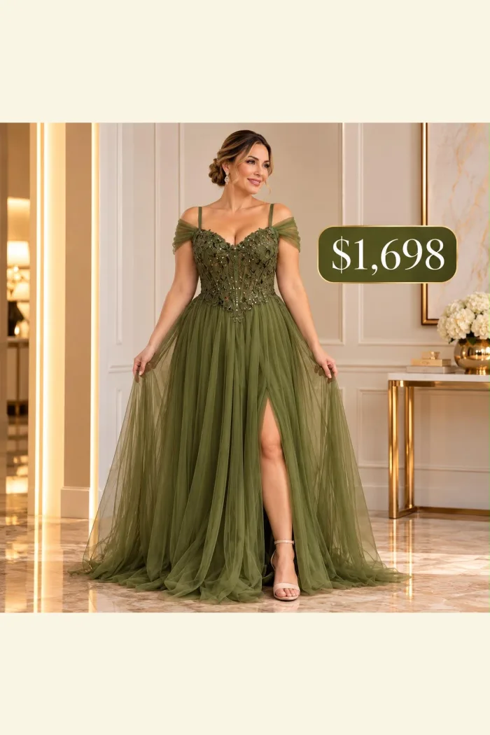 VESTIDO VERDE OLIVO ABIERTA EN PIERNA CON CORSET Y PEDRERÍA