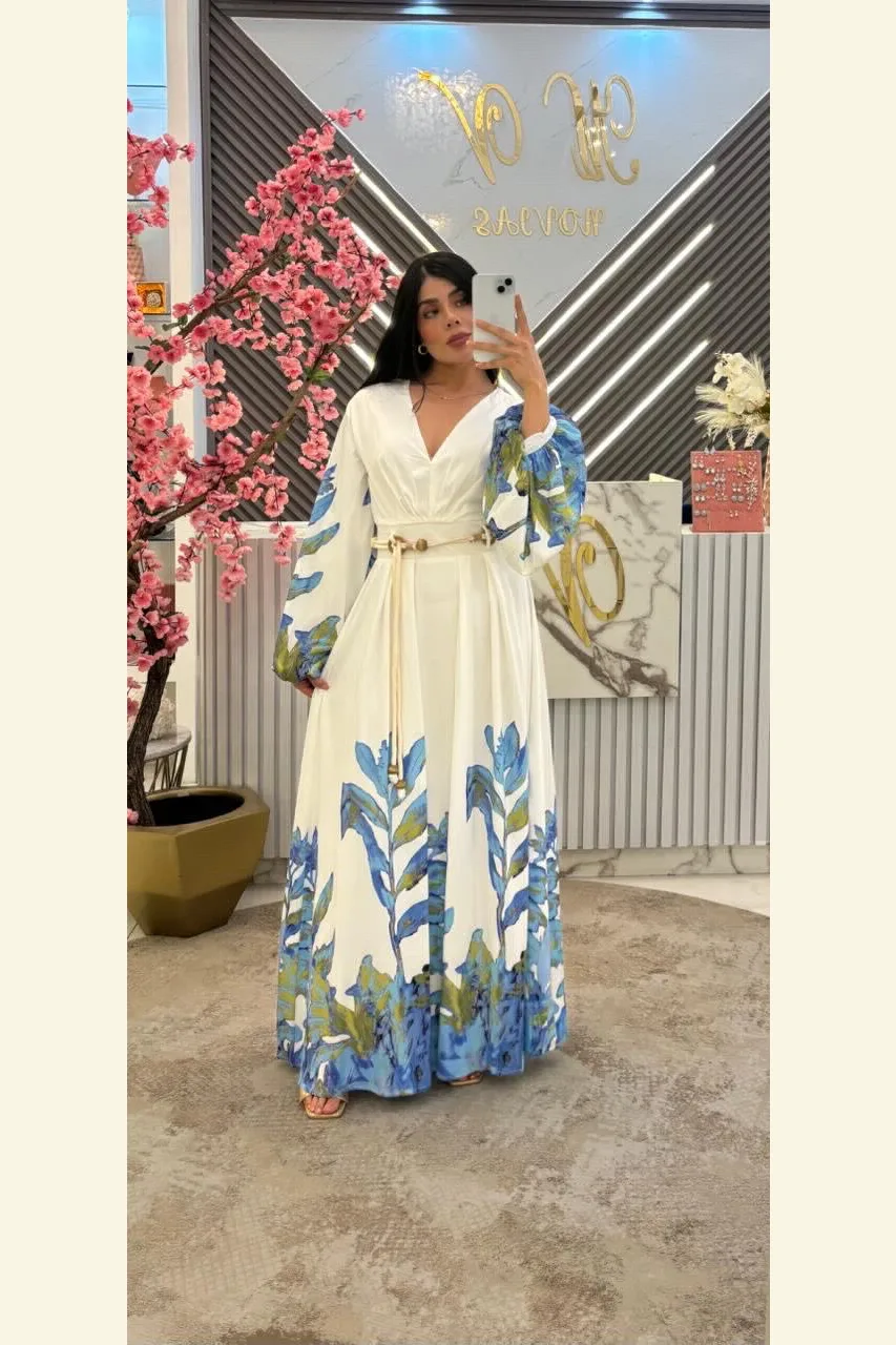 VESTIDO MAXY MANGA LARGA BLANCO CON FLORES AZULES