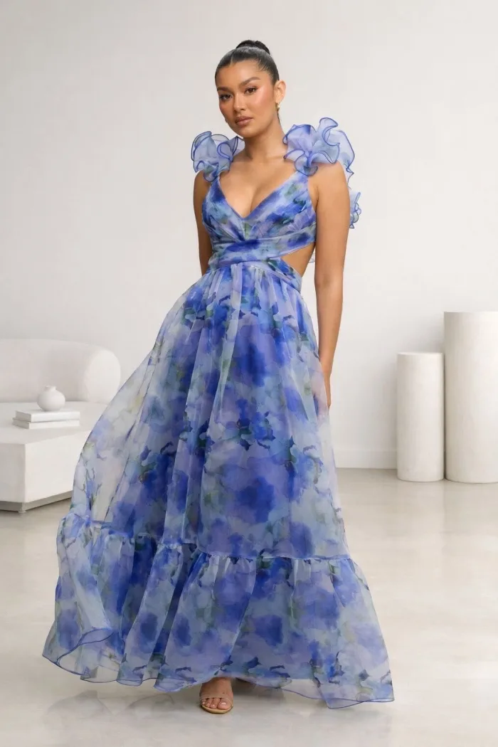 VESTIDO FLOREADO, AZUL CON CORSET