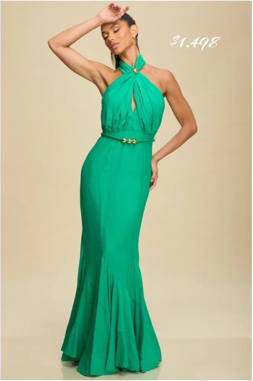 Vestido verde en Halter con Adorno en cintura