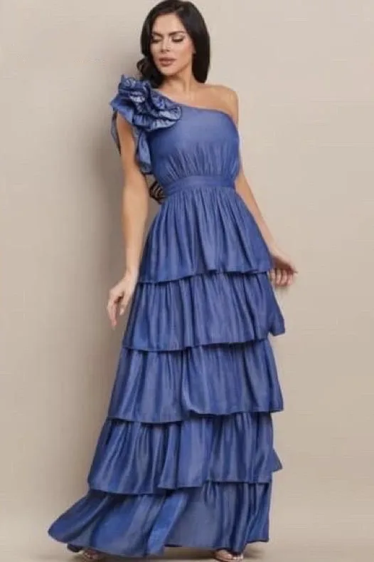 VESTIDO MAXY AÚN HOMBRO AZUL MEZCLILLA POMPONES
