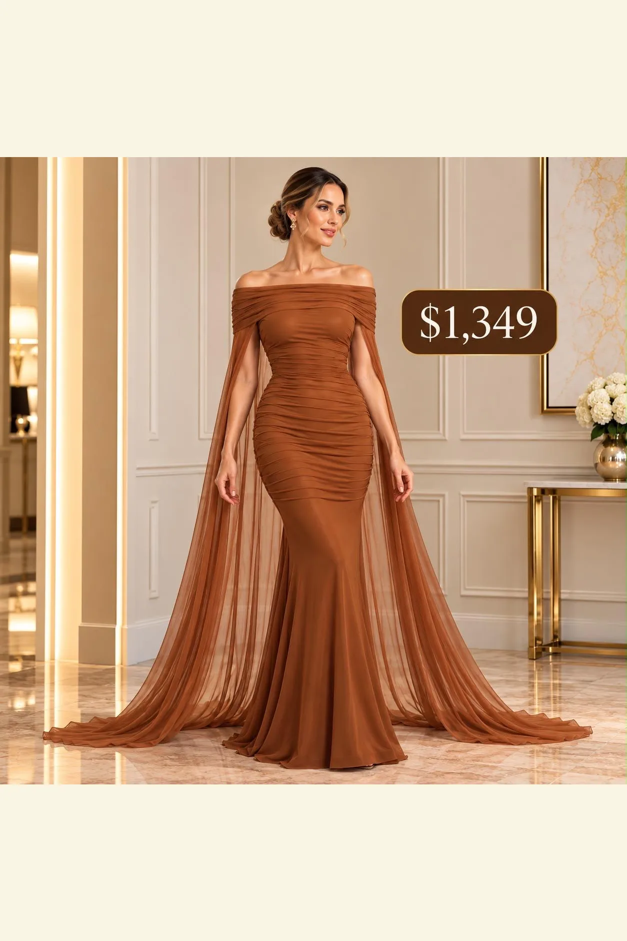 VESTIDO CORTE SIRENA CON CAPA TRANSPARENTE