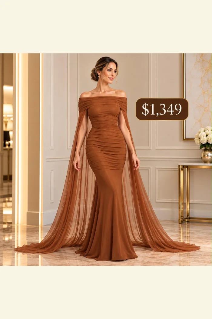 VESTIDO CORTE SIRENA CON CAPA TRANSPARENTE