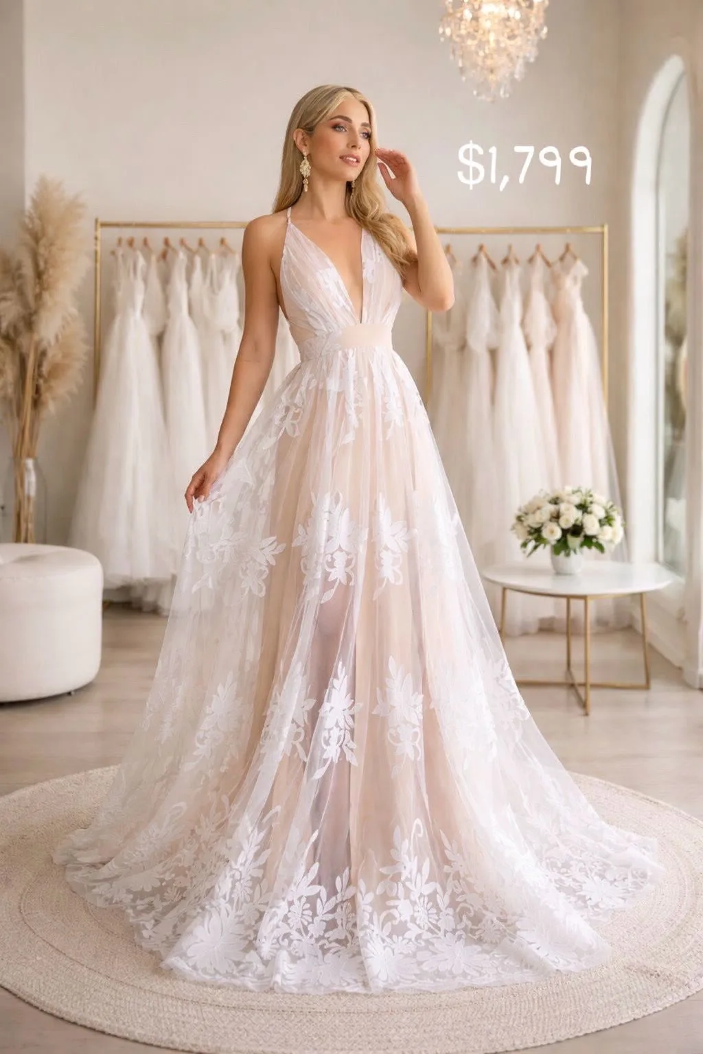 VESTIDO TUL BLANCO FONDO BEIG ESCOTE EN ESPALDA Y PIERNA ABIERTA