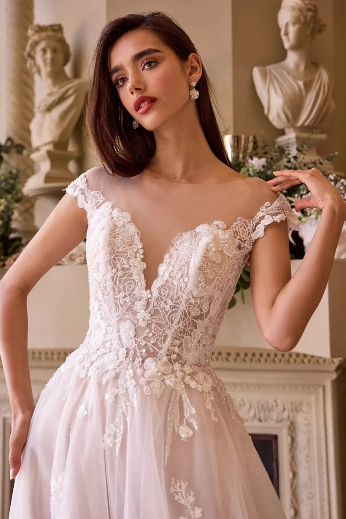 WL038 Este encantador vestido de gala presenta un escote ilusión y delicadas mangas cortas, creando una silueta increíbl