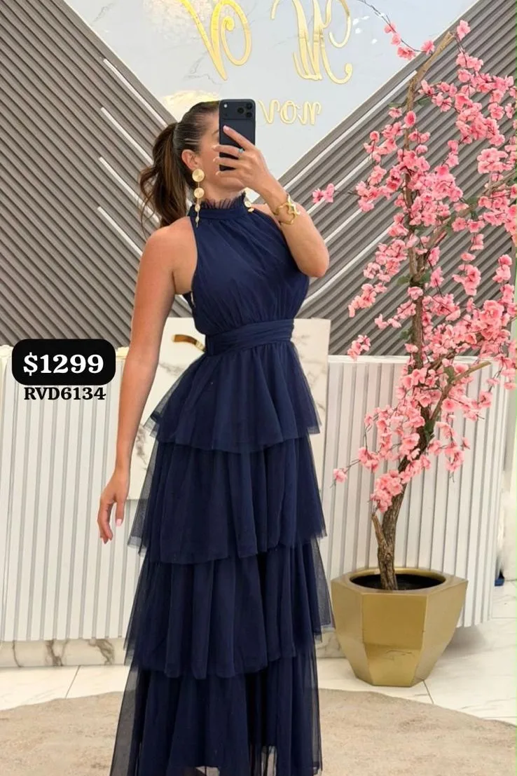 VESTIDO AZUL HALTER TUL HOLANES RVD6134