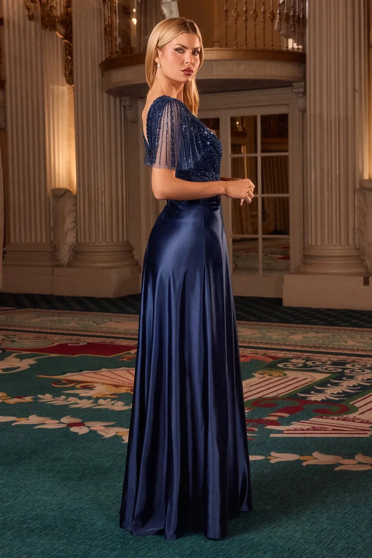 VESTIDO AZUL MARINO CON MANGAS EN CORTE A CC447, vista 2