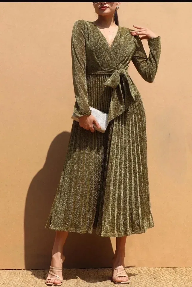 Vestido plisado oro con cinturón, vista 3