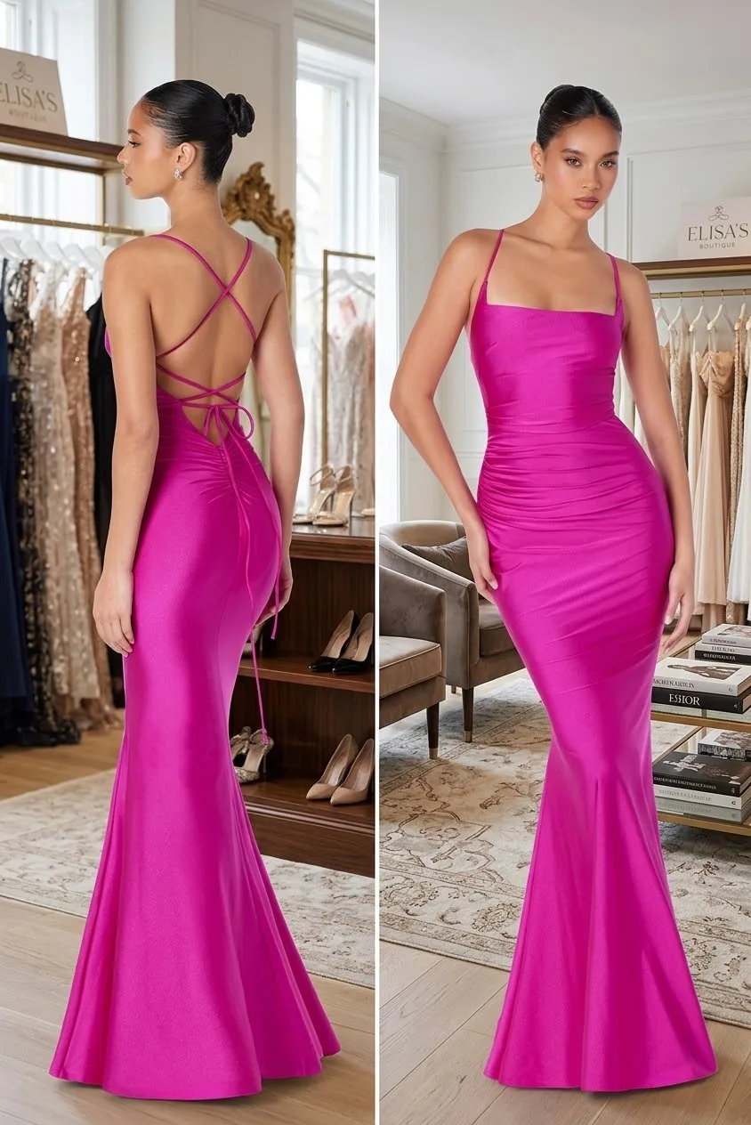 VESTIDO SIRENA  FIUSHIA O MAGENTA  CORSET  ESCOTE EN ESPALDA MOD. T3001