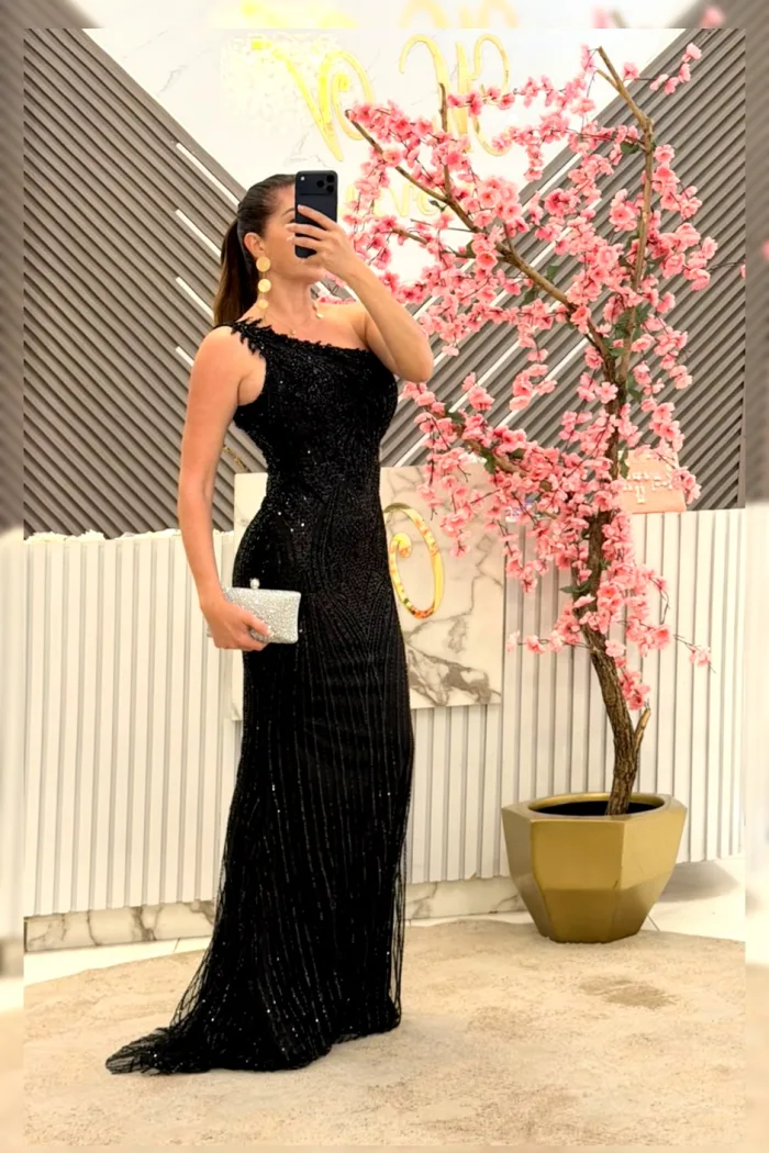 VESTIDO FIESTA MEGRO SIRENA AÚN HOMBRO APLICACIÓN CANUTILLO MOD.7575
