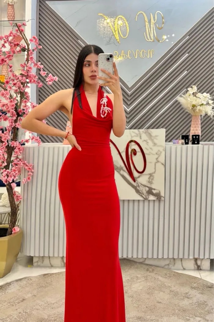 VESTIDO FIESTA SIRENA ESCOTE EN ESPALDA HALTHER ROJO
