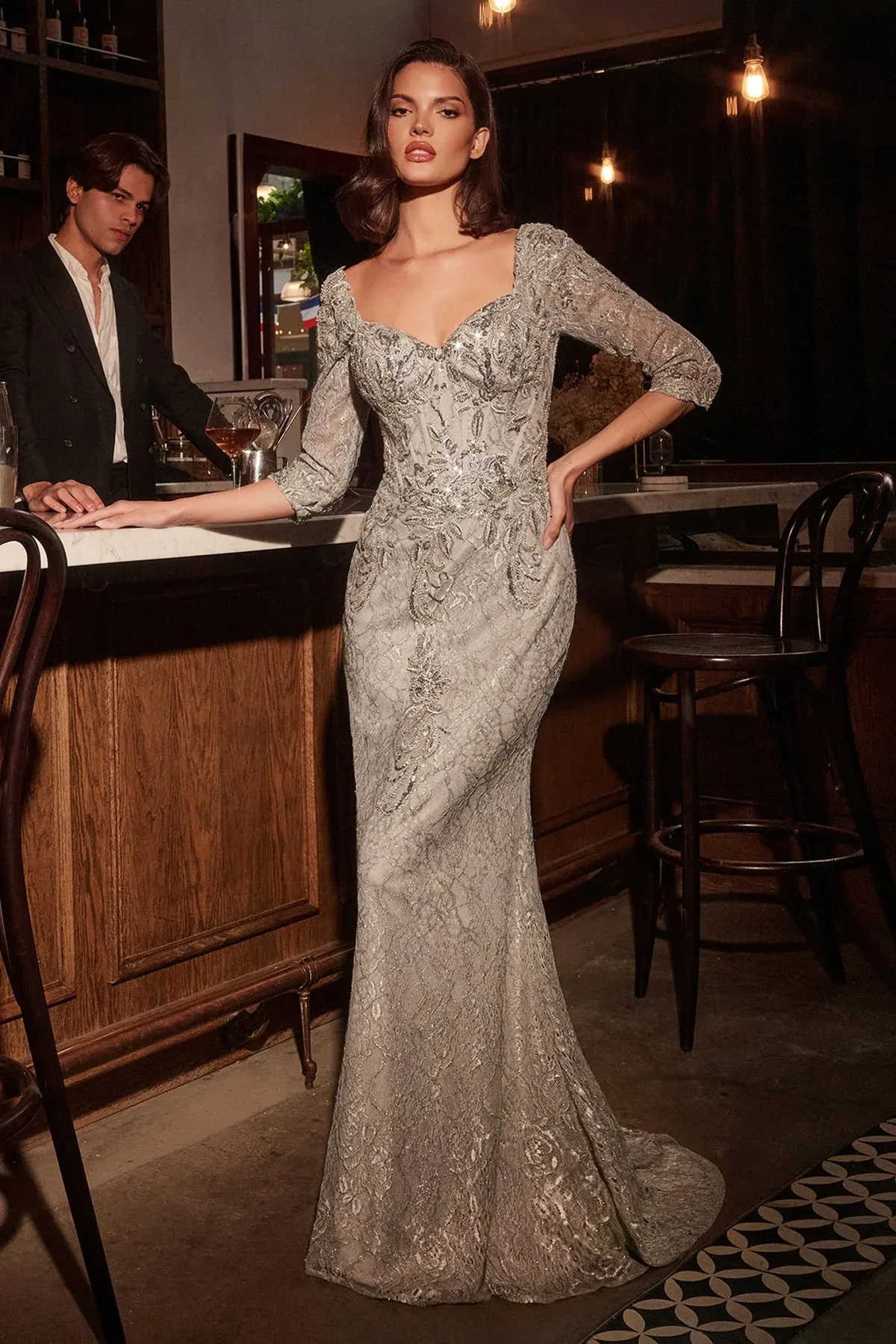 Vestido Plata, con Cauda, desmontable y Mangas, vista 2