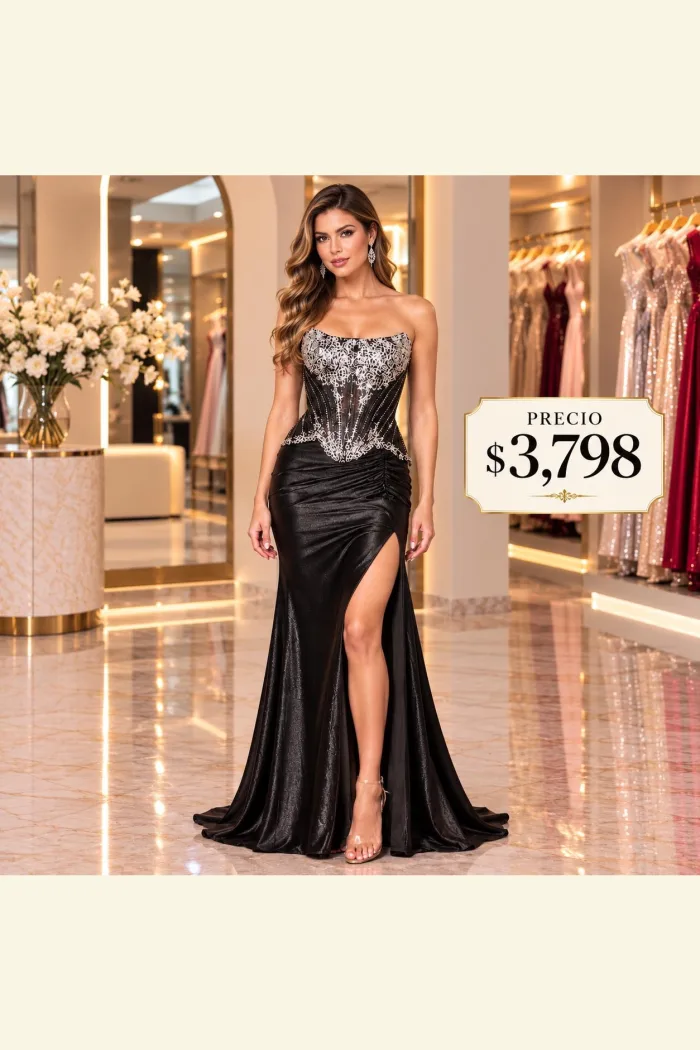 VESTIDO NEGRO CON DETALLES PLATEADOS CORSET