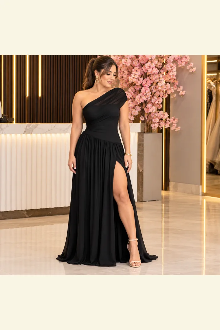 Vestido Negro asimétrico o un hombro o una abertura en la pierna