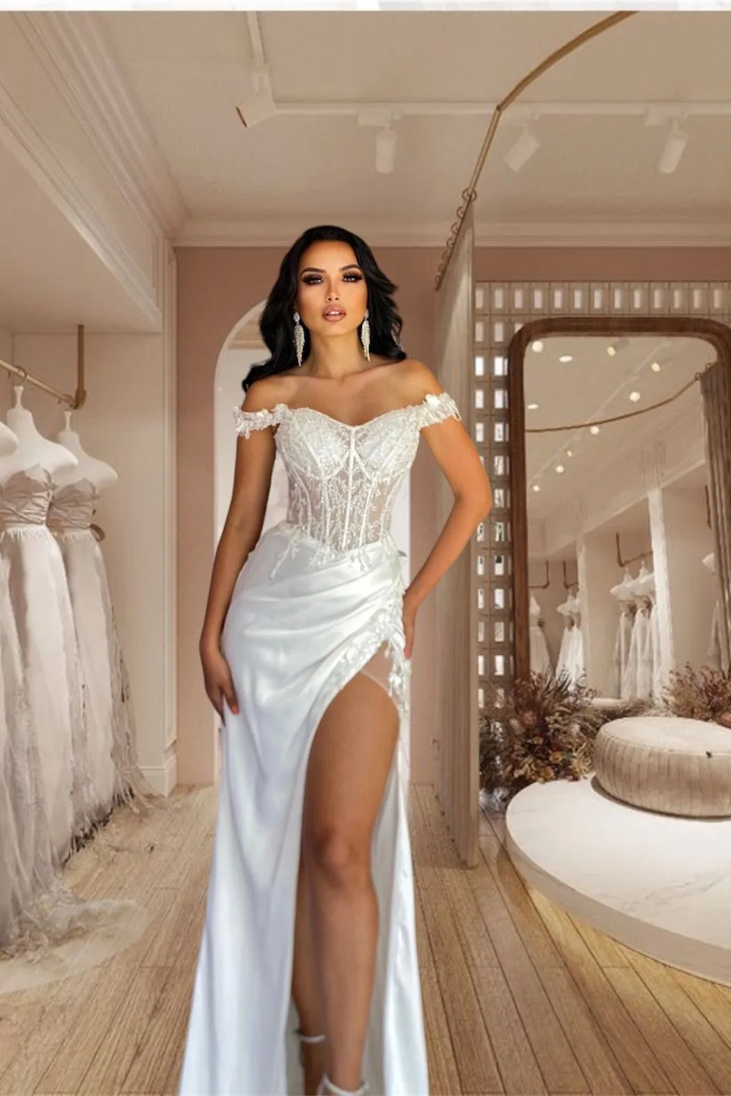Vestidos sirena, hombros, descubierto con encaje y satín y abertura en la pierna, vista 2