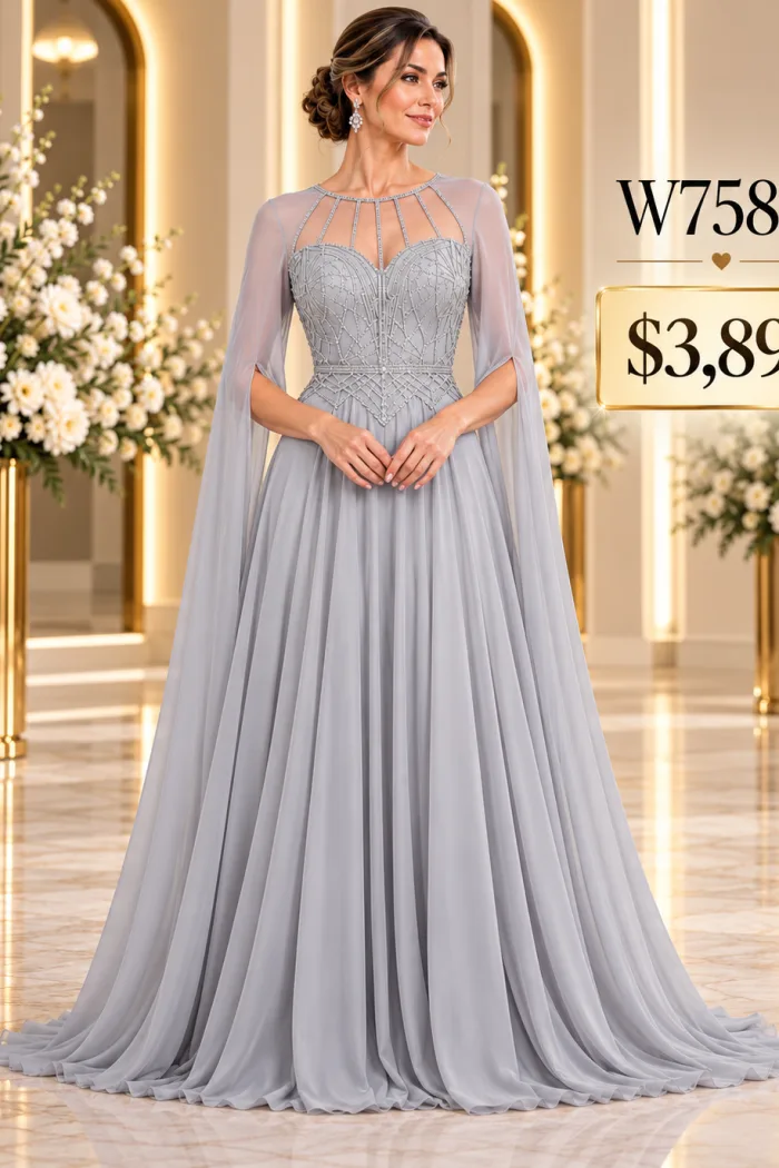 Vestido, color Plata, con mangas largas y Pedreria