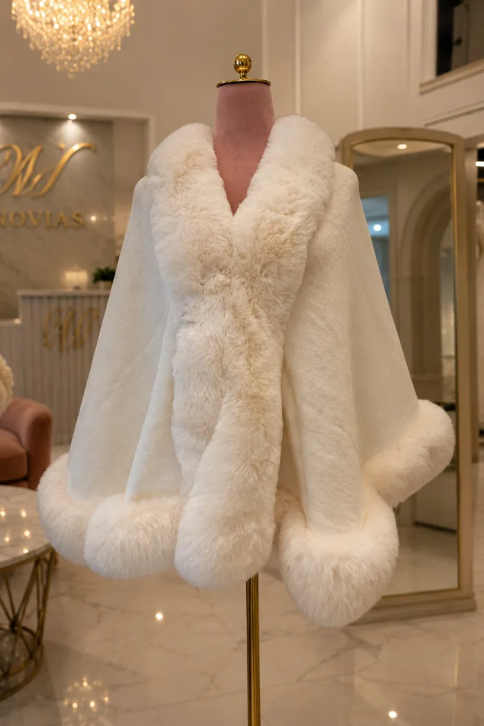 Capa de novia blanca con ribete de pelo