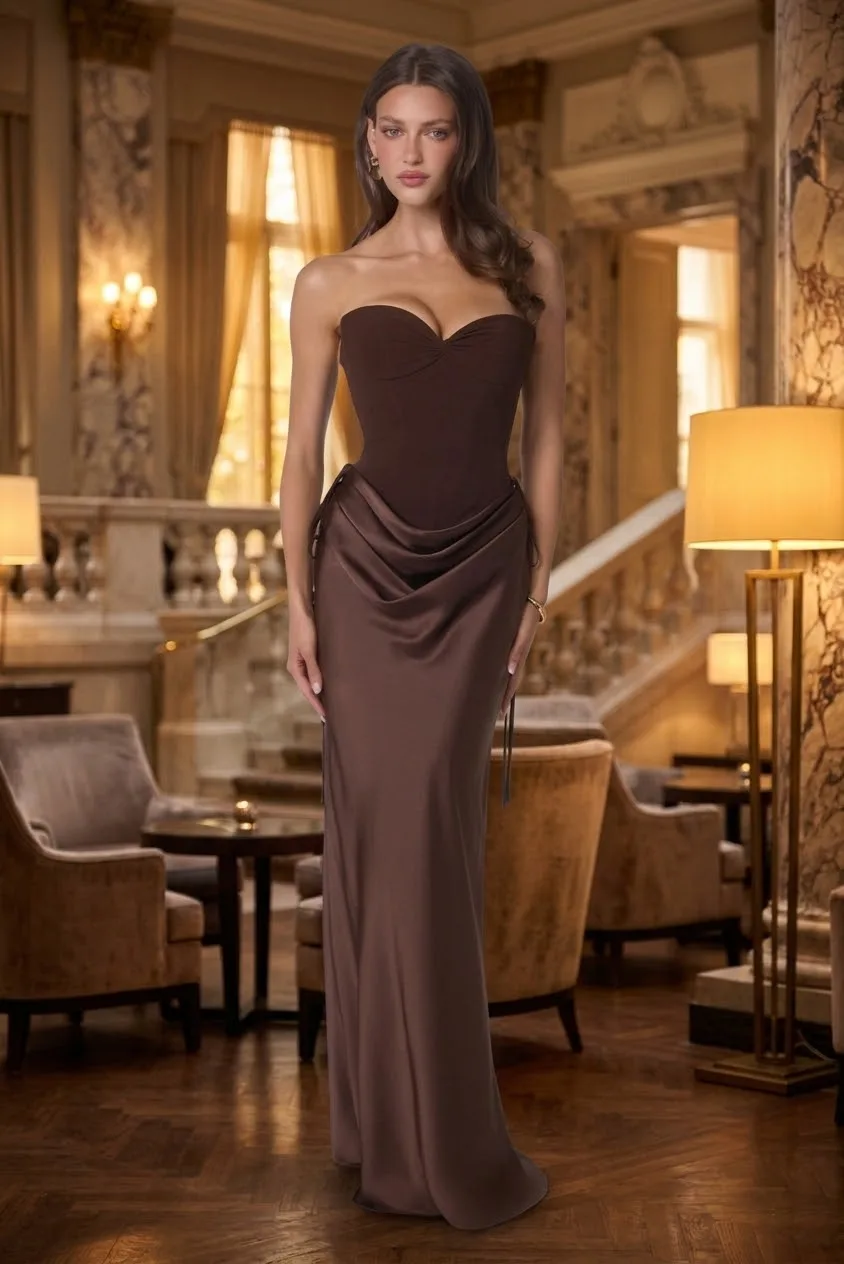 VESTIDO  STRAPLE  SATINADO  CON CORSET CHOCOLATE (Expresso) MOD.T747