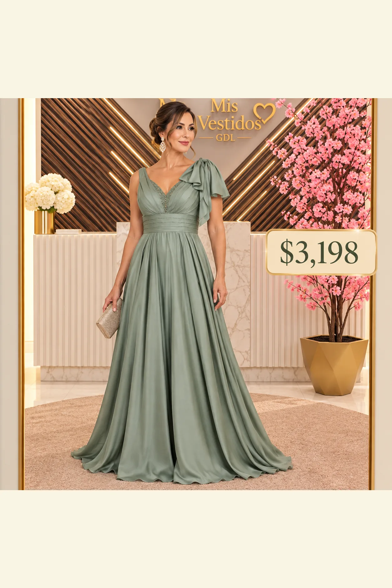 Vestido verde olivo, con moño a un hombro