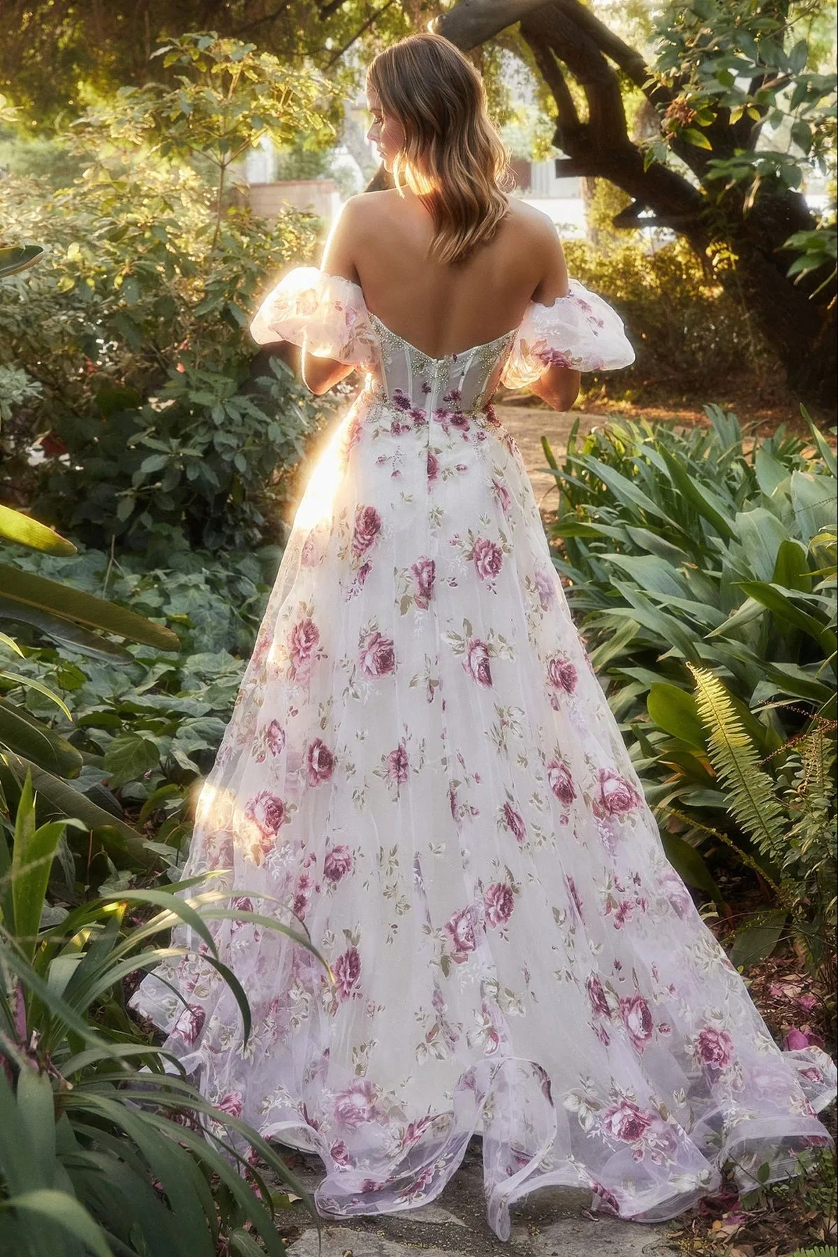 VESTIDO FIESTA CORSET MANGA DESMONTABLE CORTE PRINCESA ESTAMPADO FLORES, vista 3
