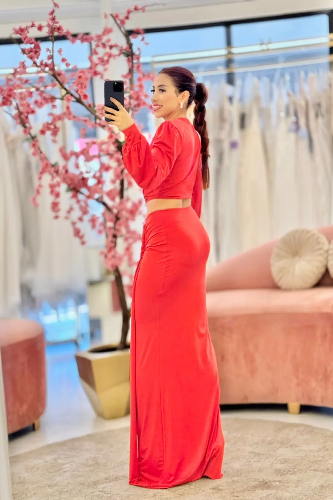 VESTIDO FIESTA ROJO LICRA MANGA LARGA ABERTURA COSTADOS NUDO, vista 2
