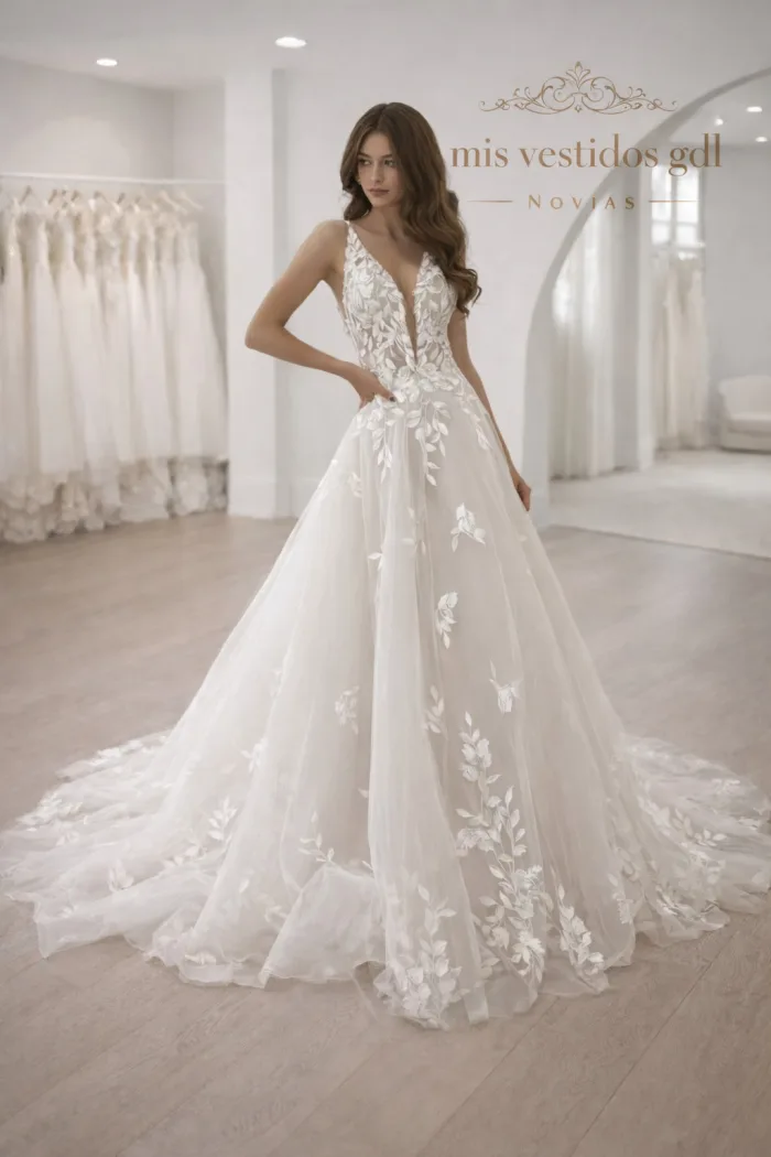 Vestido de novia en línea a con ojitas y apliques